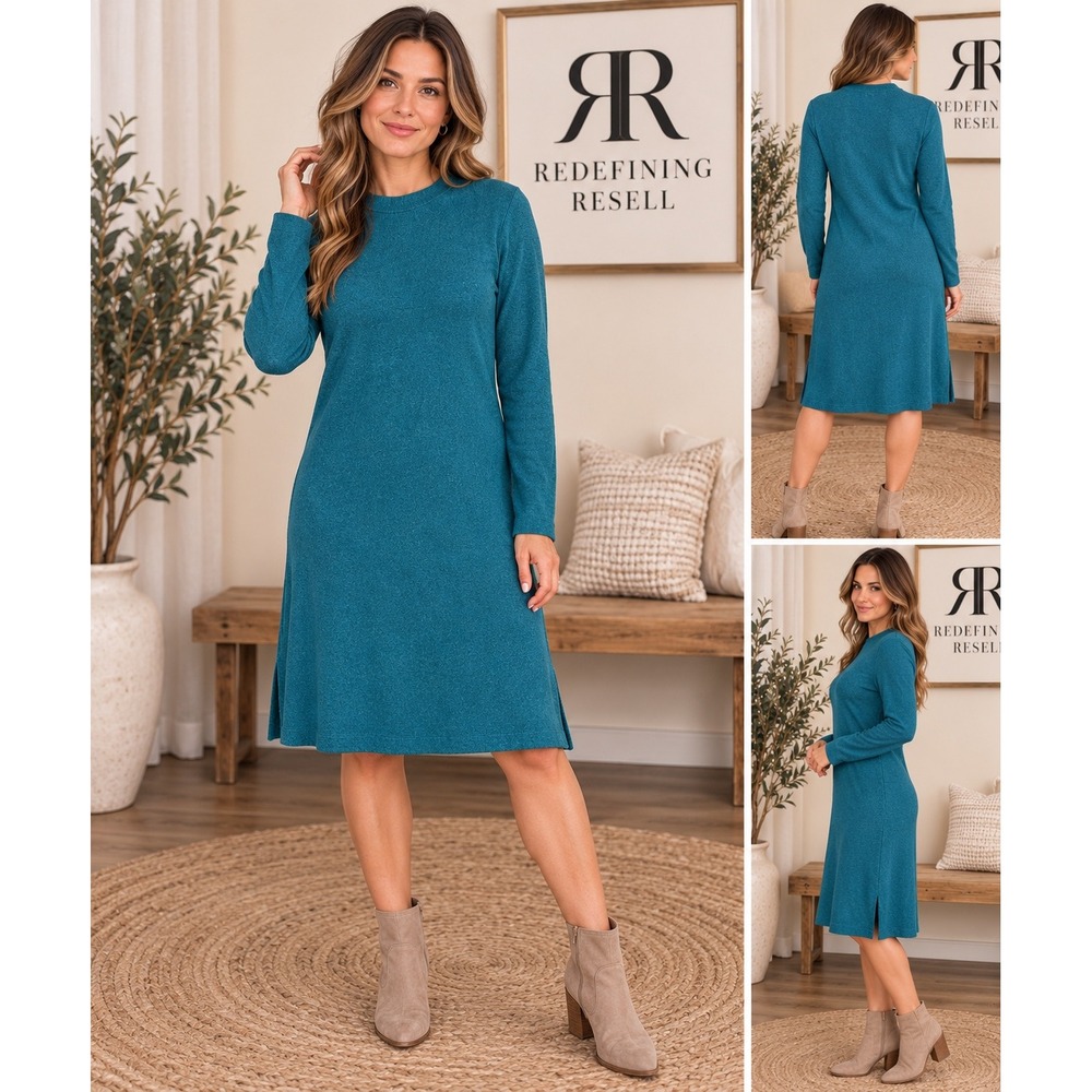 J Jill Teal Blue Cotton Rayon A-Line Long Sleeve Sweater Dress Tall Medium